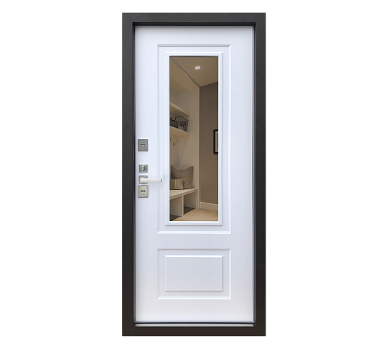 Дверь стальная ГРАНИТ ОКНО (с терморазрывом) Муар искра коричневый/ Белый матовый металлические входные двери SHELTER shelter
