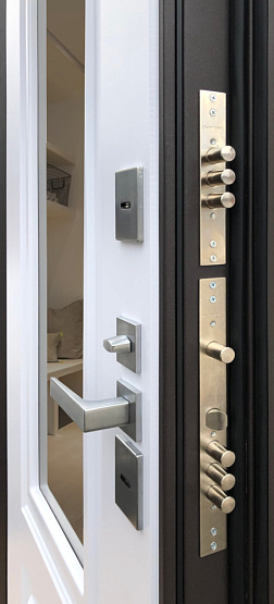 Дверь стальная ГРАНИТ ОКНО (с терморазрывом) Муар искра коричневый/ Белый матовый металлические входные двери SHELTER shelter